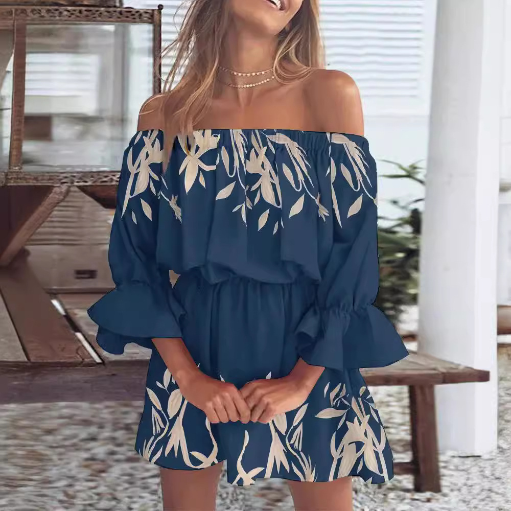 Women's Off-Shoulder Floral Print Dress Short Sleeve A-Line