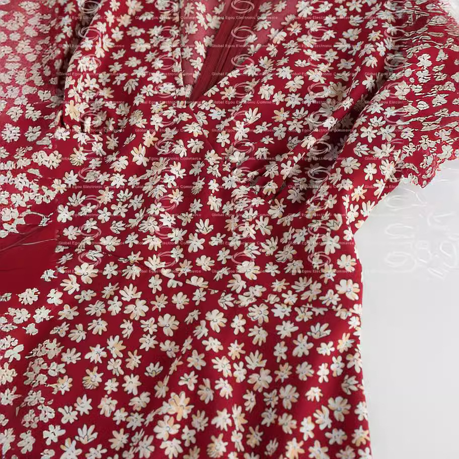 V-Neck Waist-Defined Digital Print Short-Sleeve Zip Dress