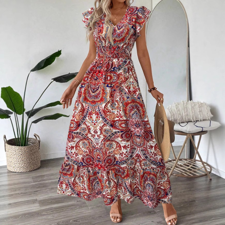 Floral Print V-Neck Ruffle Long Dress