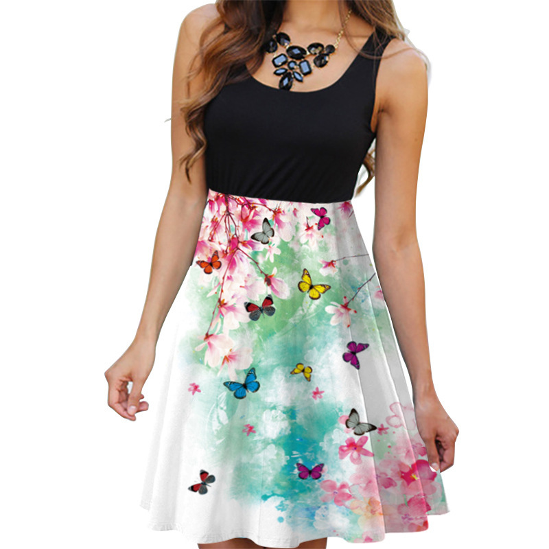Women's Sleeveless Round Neck Digital Print Midi Dress
