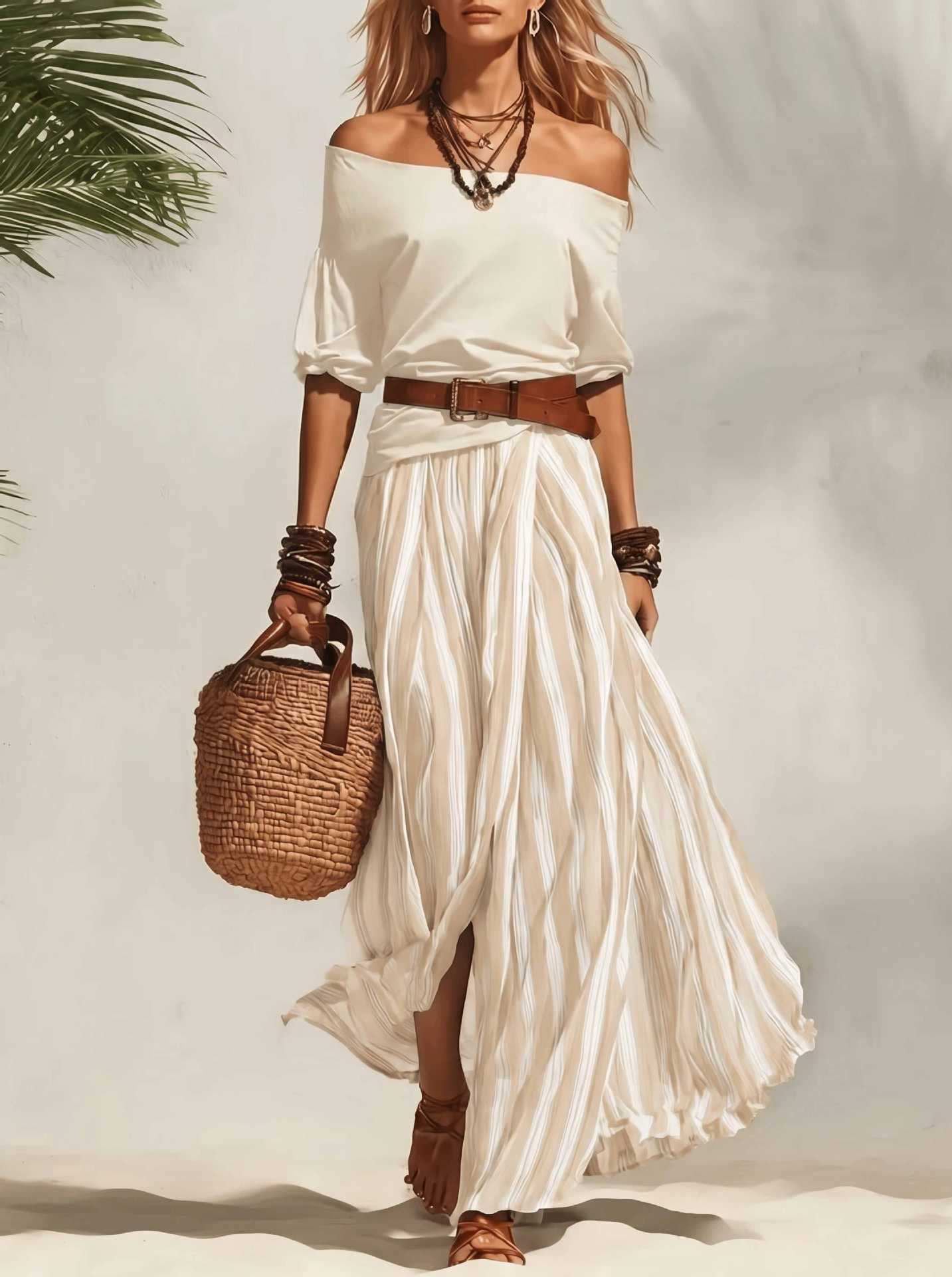Off-Shoulder Top and Slit Skirt Two-Piece Set