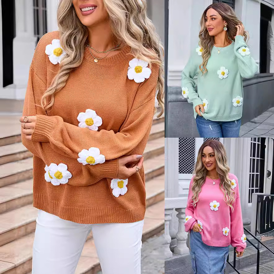 Women's Floral Pullover Sweater Crew Neck Long Sleeve Knit Top