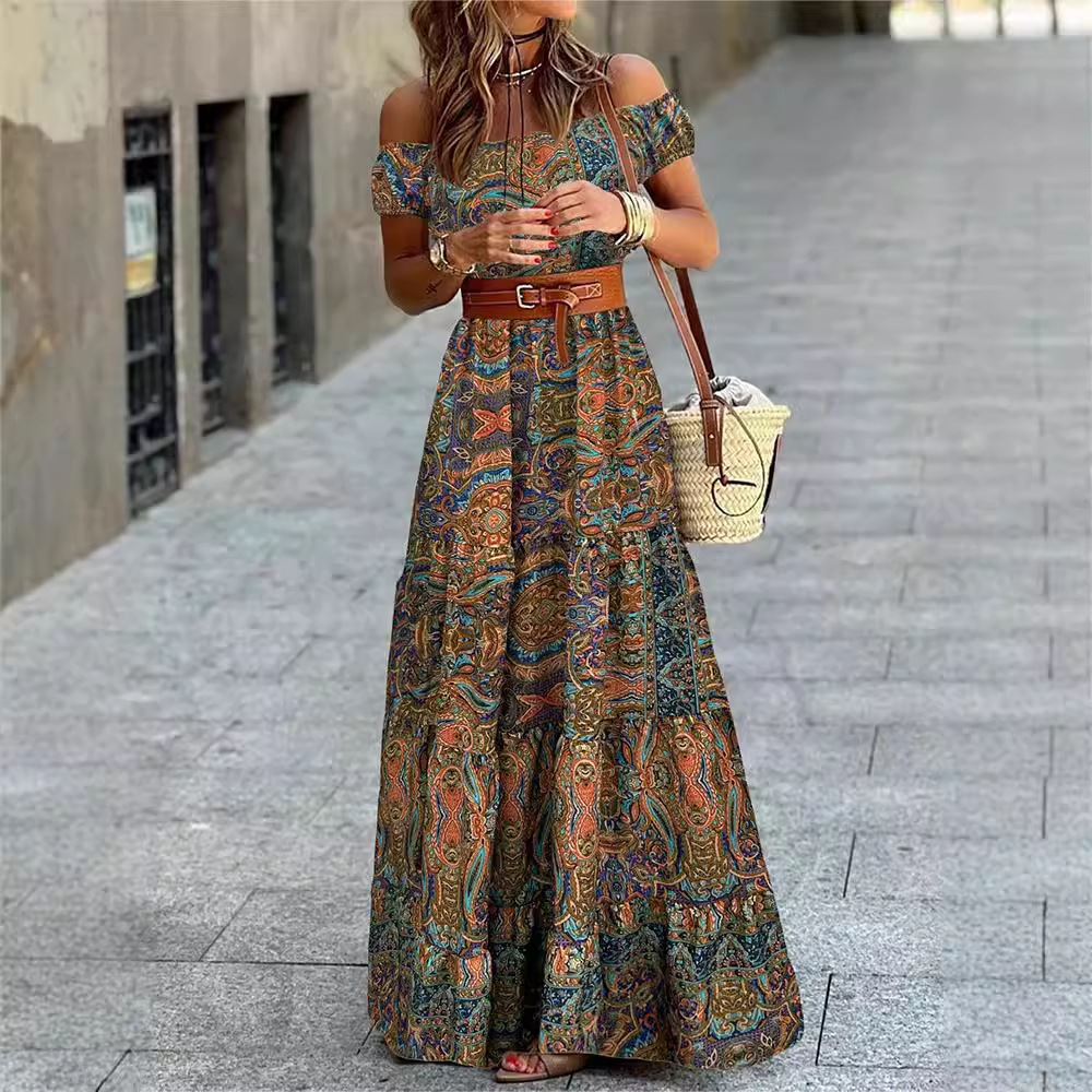 Floral Off-Shoulder Puff-Sleeve High-Waist A-Line Dress