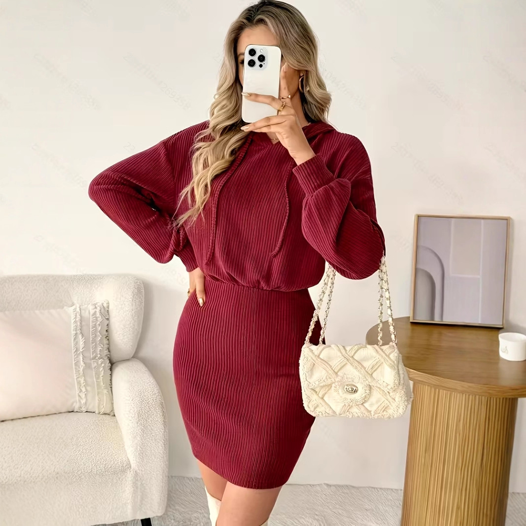 Women's Casual Hooded Drawstring Ribbed Knit Bodycon Mini Dress