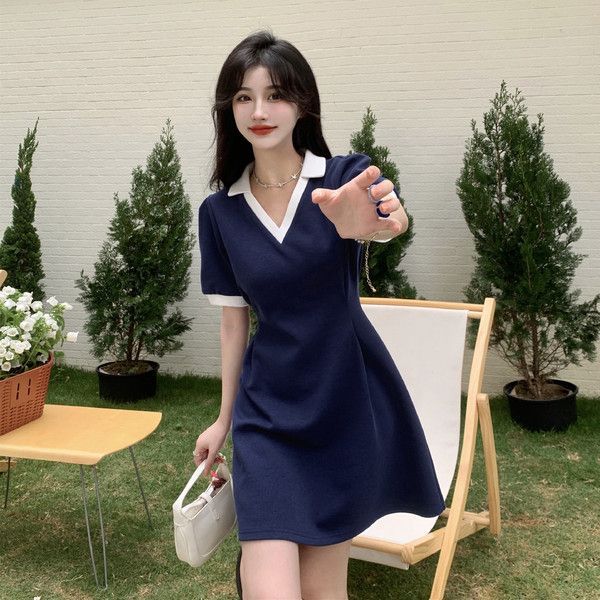 V-Neck Short Sleeve A-Line Dress Slimming Fit