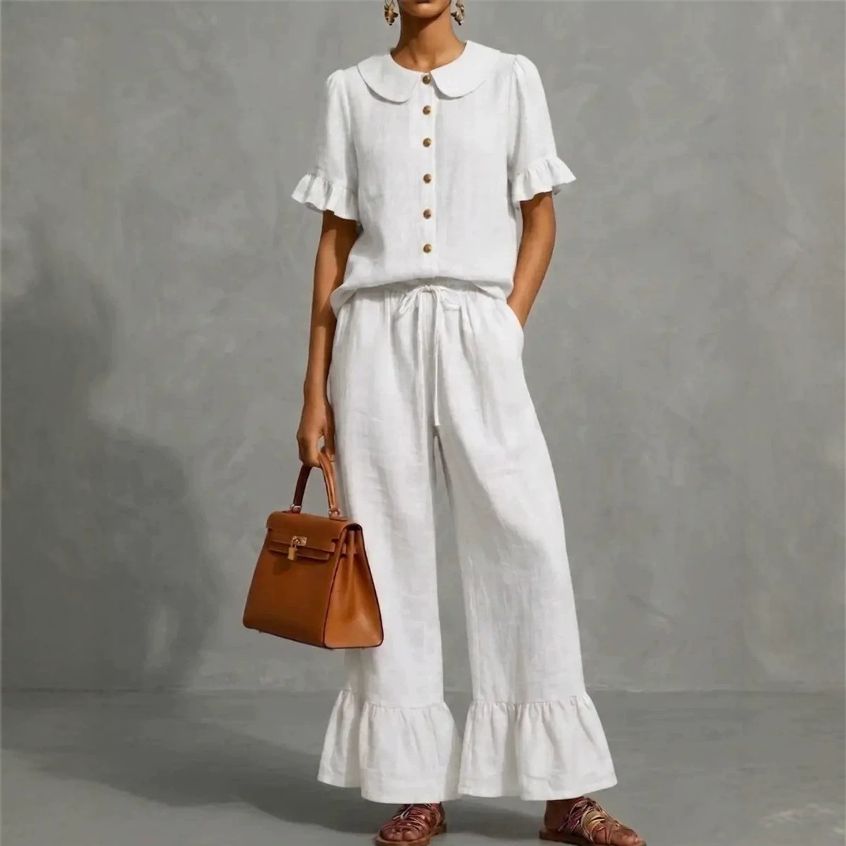 Ruffled Shirt & Wide-Leg Pants Linen Two-Piece Set