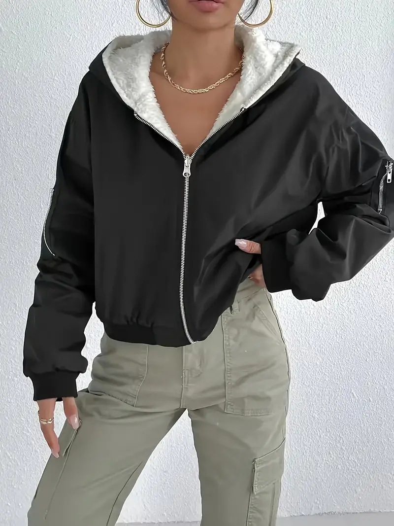 Elegant Loose Fleece Zip-Up Hooded Jacket with Pockets