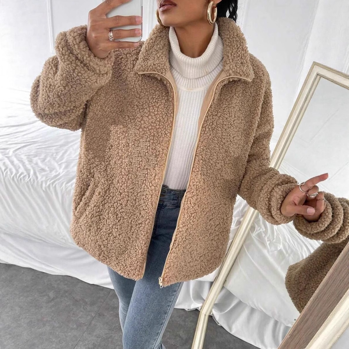 Faux Shearling Open-Front Cardigan Jacket for Women Casual Loose Fit