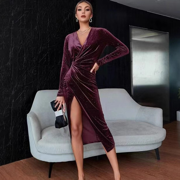 Women's Velvet V-Neck Asymmetrical Dress