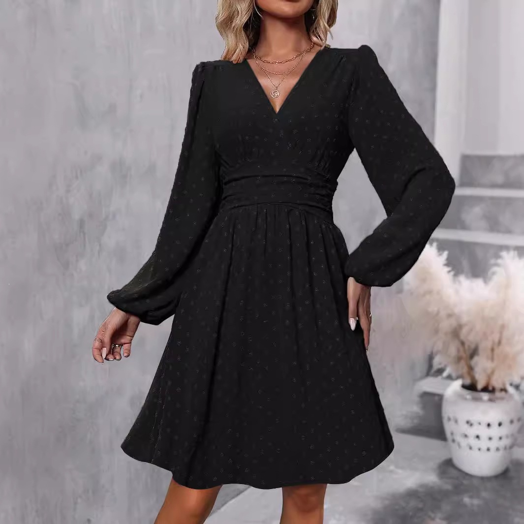 Women's Jacquard V-Neck Lantern Sleeve Smocked Dress