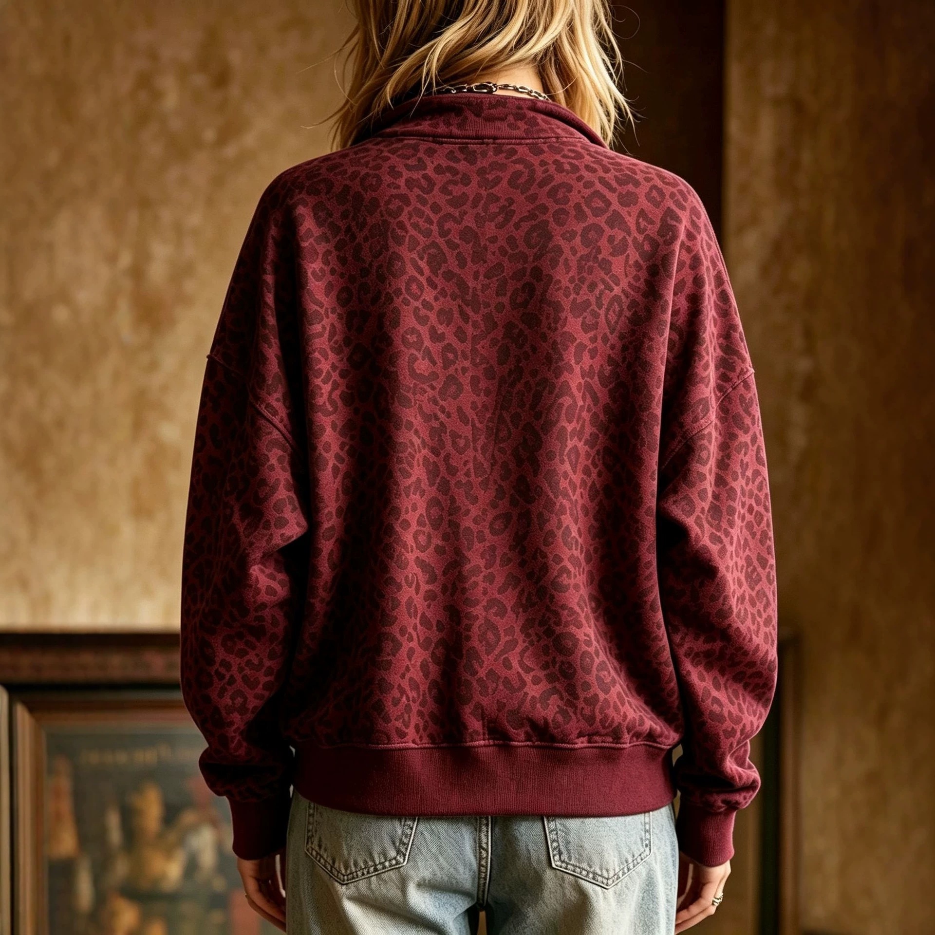 Women's Leopard Print Loose Zip-Up Collared Sweatshirt