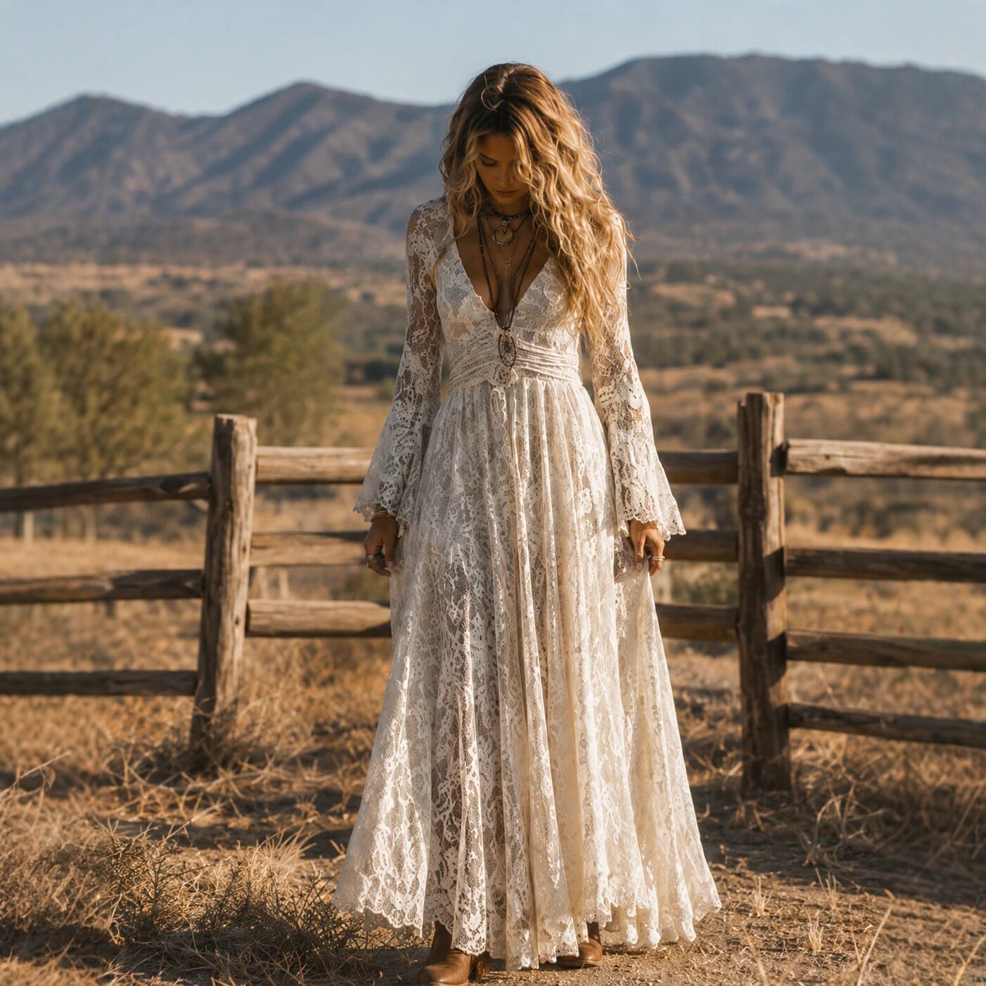 Lace Long Sleeve V-Neck Vintage Slimming Midi Dress
