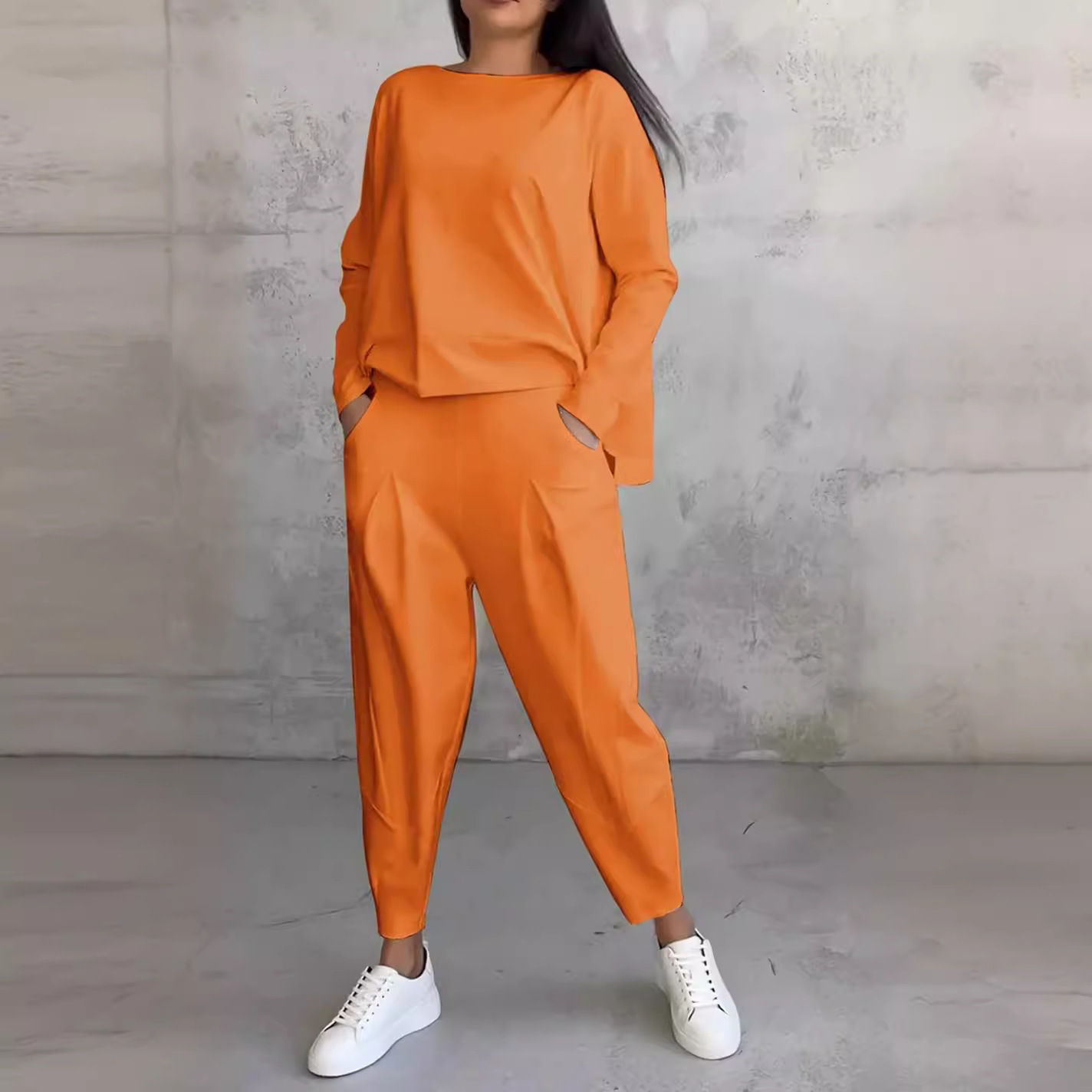 Women's Two-Piece Solid Crewneck Long-Sleeve Top and Jogger Pants Set