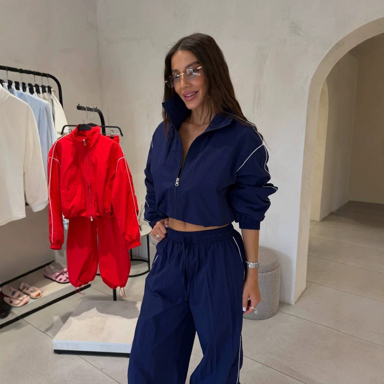 Colorblock Zip-Up Cropped Jacket and Jogger Pants Set