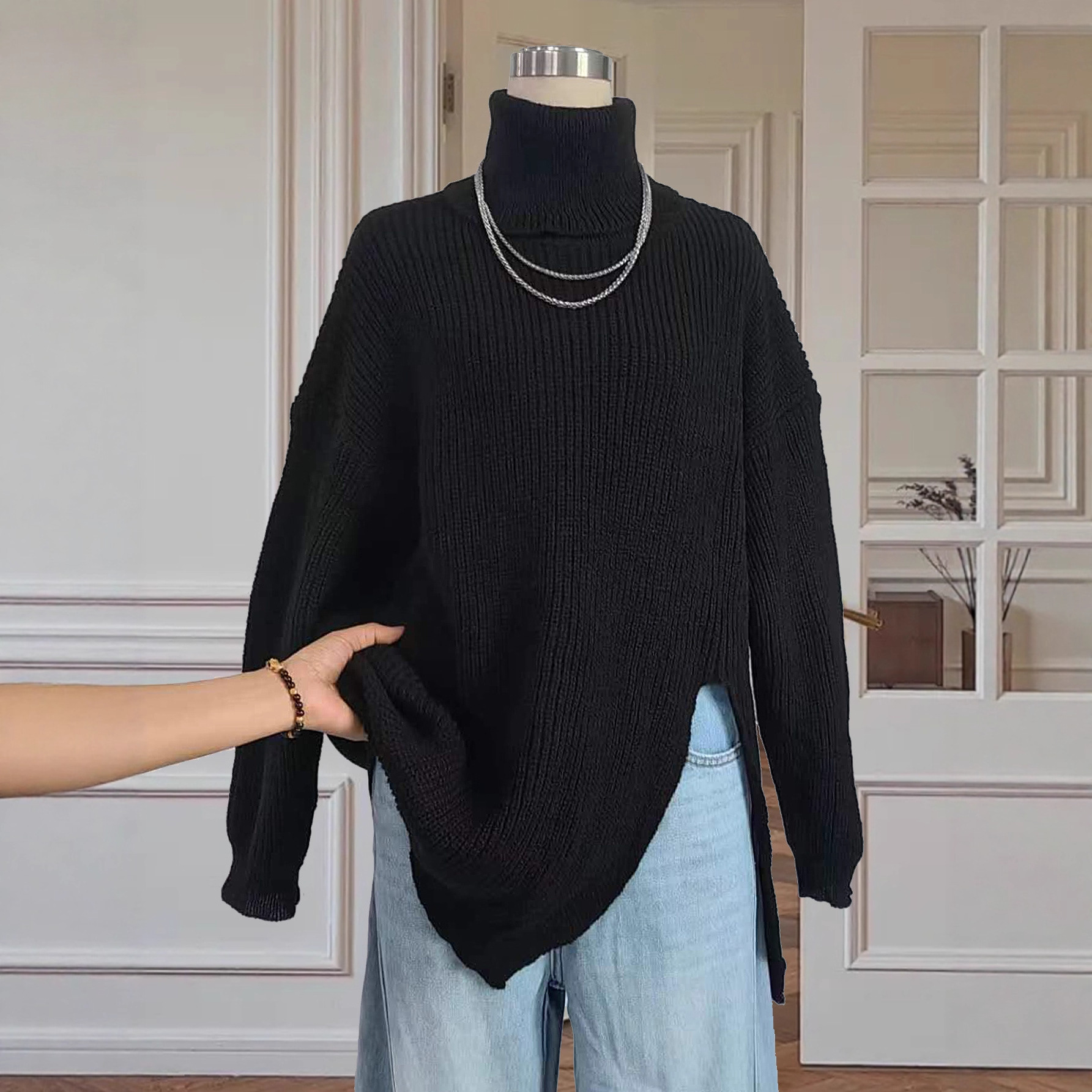 Women's High Neck Slit Tunic Sweater Plus Size Loose Pullover