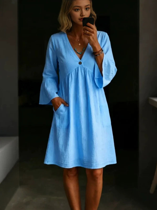 Women's Solid V-Neck Bell Sleeve Loose Vintage Dress