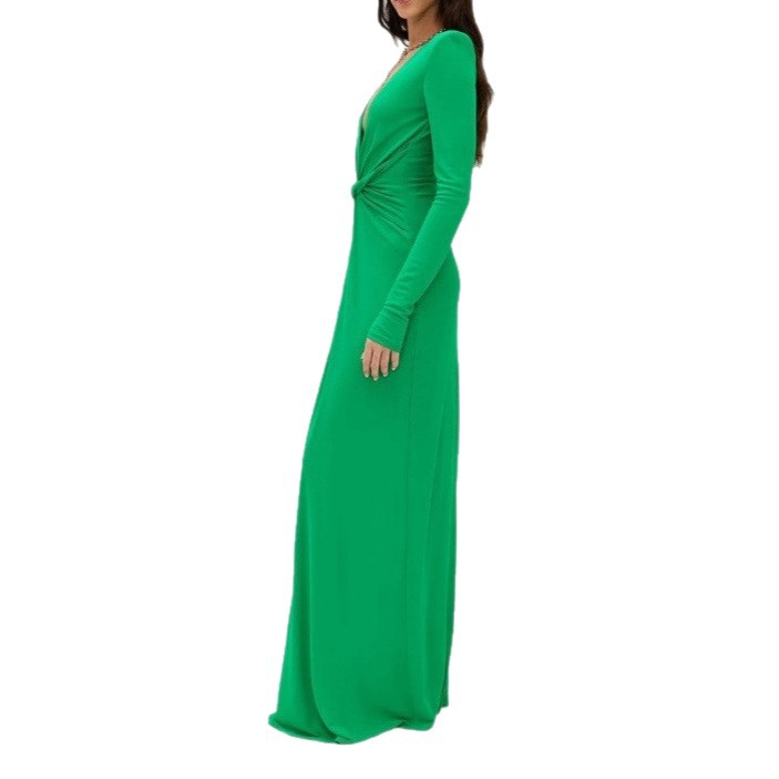 V-Neck Slim Fit Bodycon Midi Dress Long Sleeve Twist Front Elegant Party Dress
