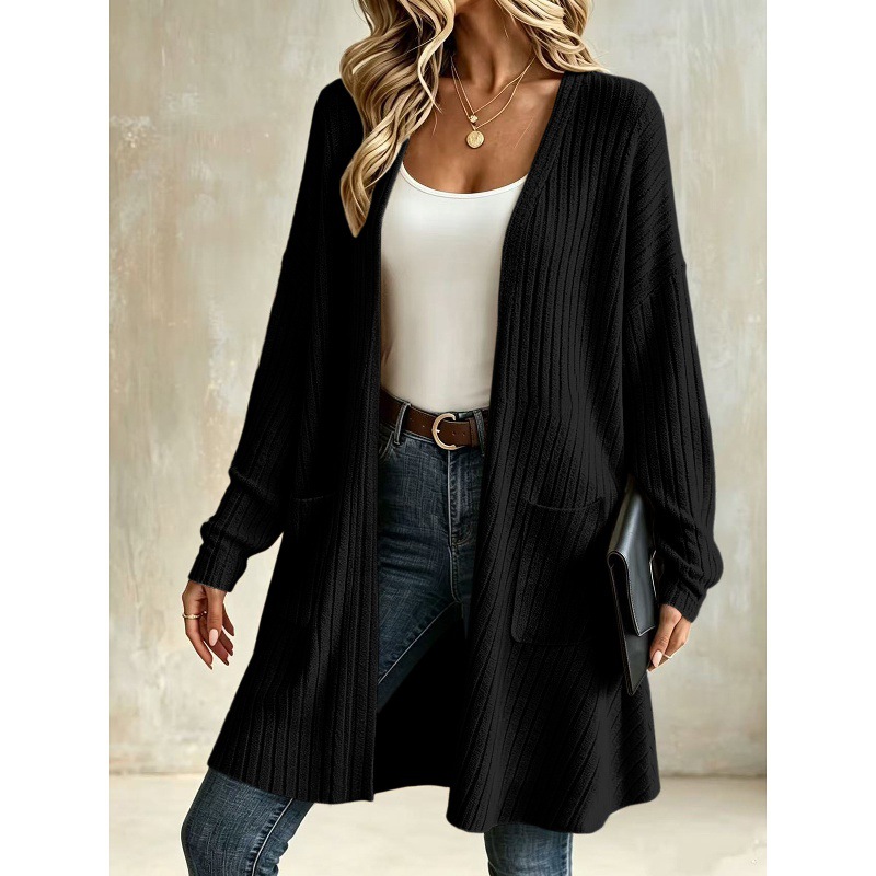 Ribbed Knit Cardigan Solid Color Casual Outerwear