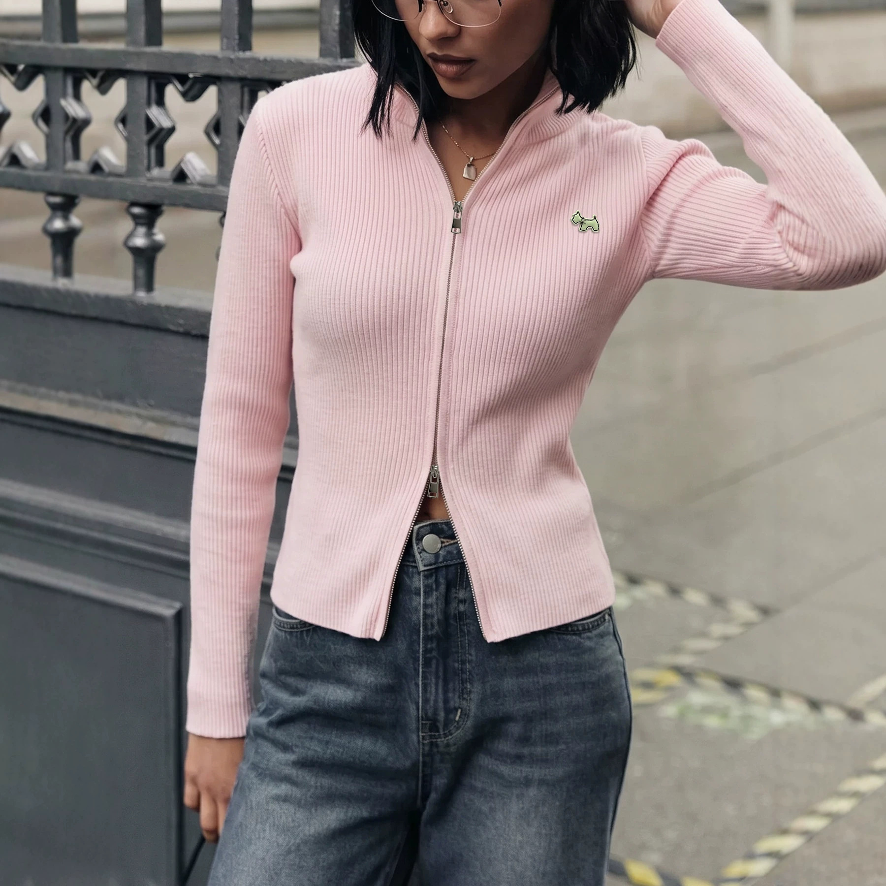 Women's Solid Color Knit Cardigan with Small Stand Collar and Double Zipper
