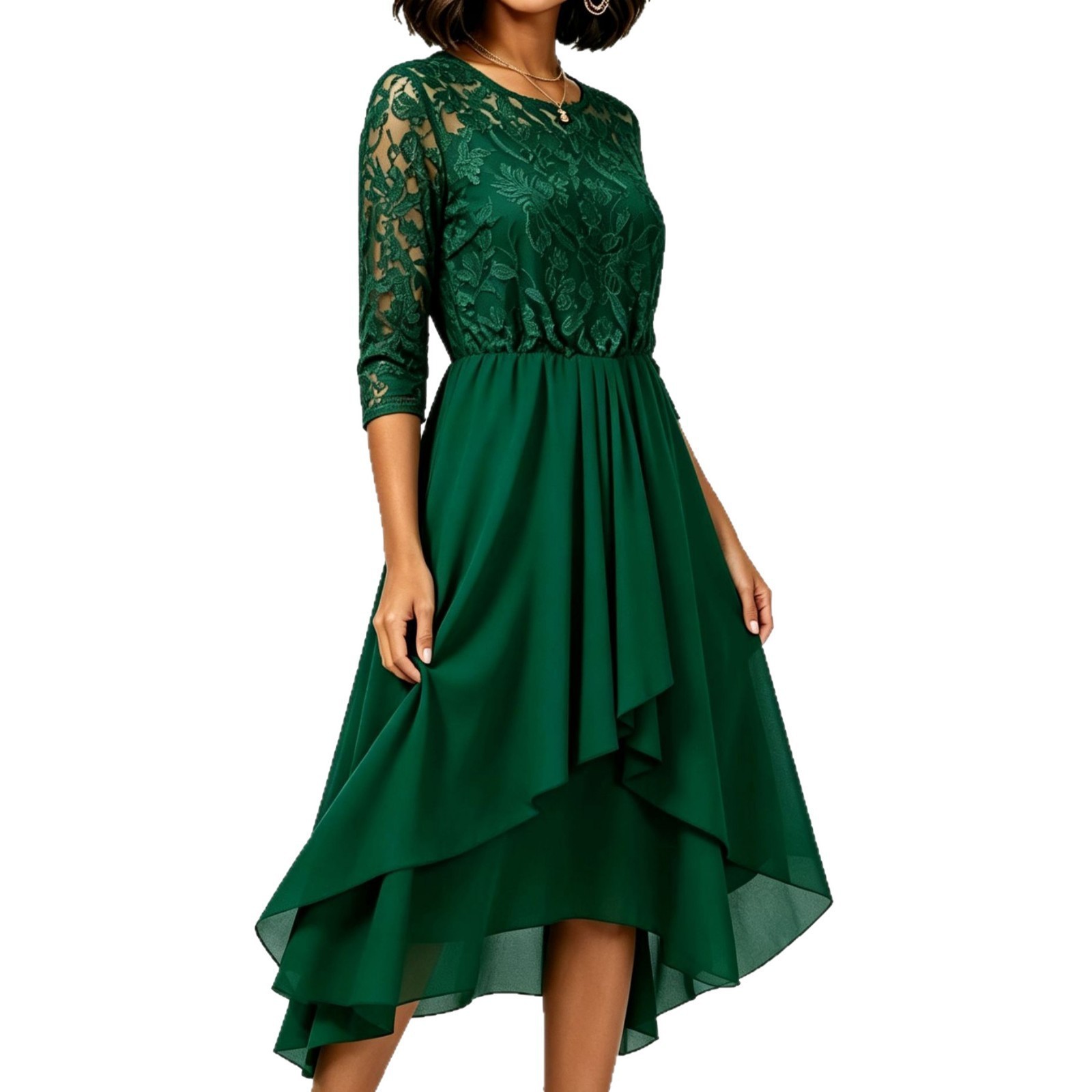 Women's Summer Lace Chiffon Round Neck Asymmetrical Hem Dress