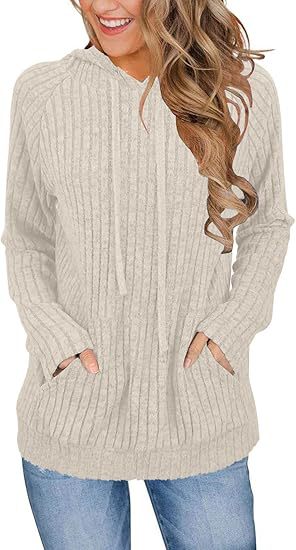 Ribbed Knit Hooded Pullover Sweatshirt with Pockets for Women
