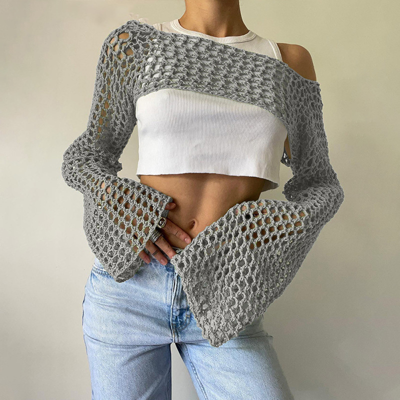 Women's Crochet Mesh Crop Top with Bell Sleeves