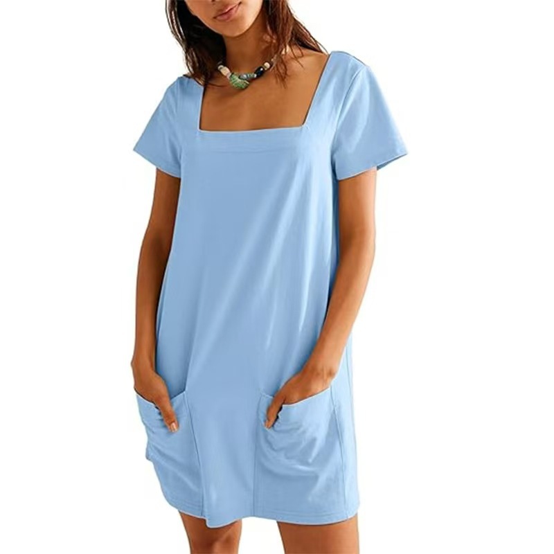 Square Neck Short Sleeve A-Line Dress with Pockets Solid Color