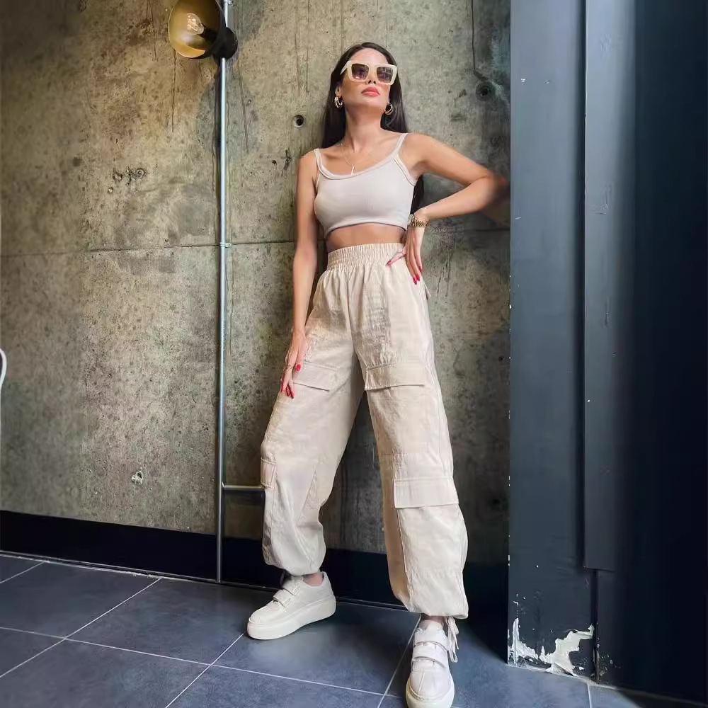 Women's Loose Fit Solid Cargo Pants with Pockets