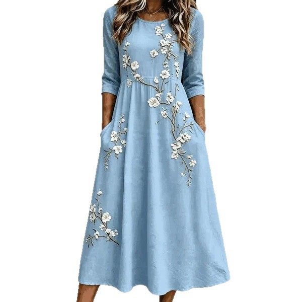 Floral Embroidered Midi Dress with Pockets