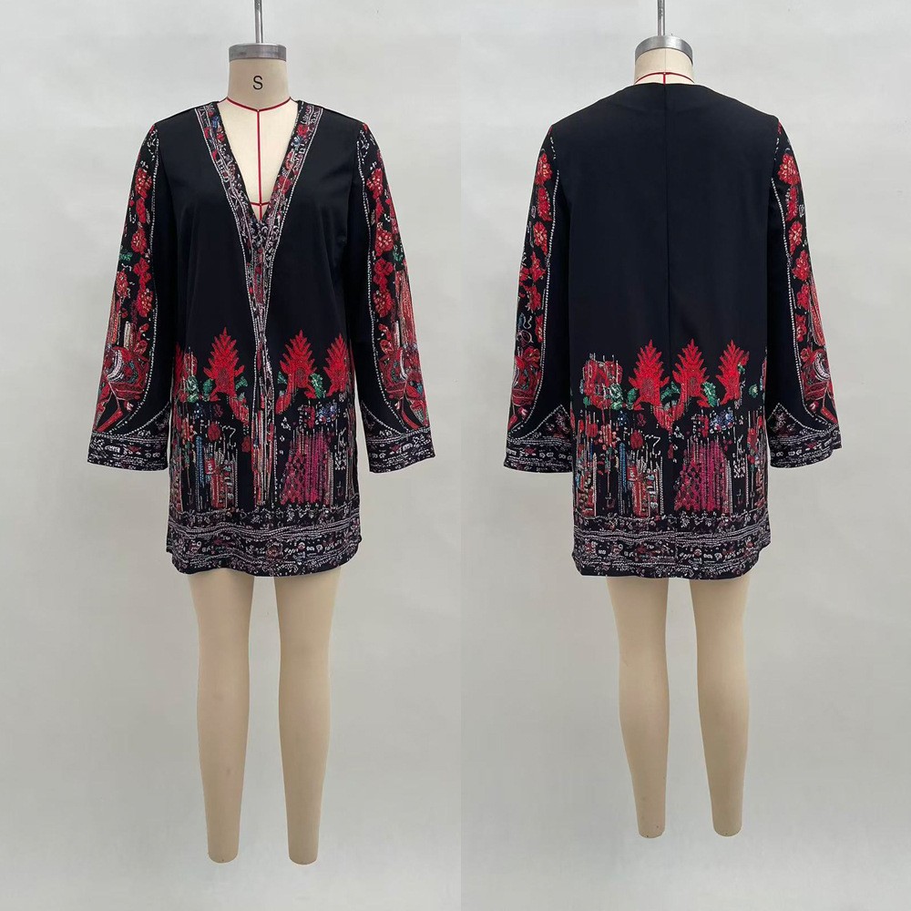 Women's Vintage Ethnic Print V-Neck Long Sleeve Midi Dress