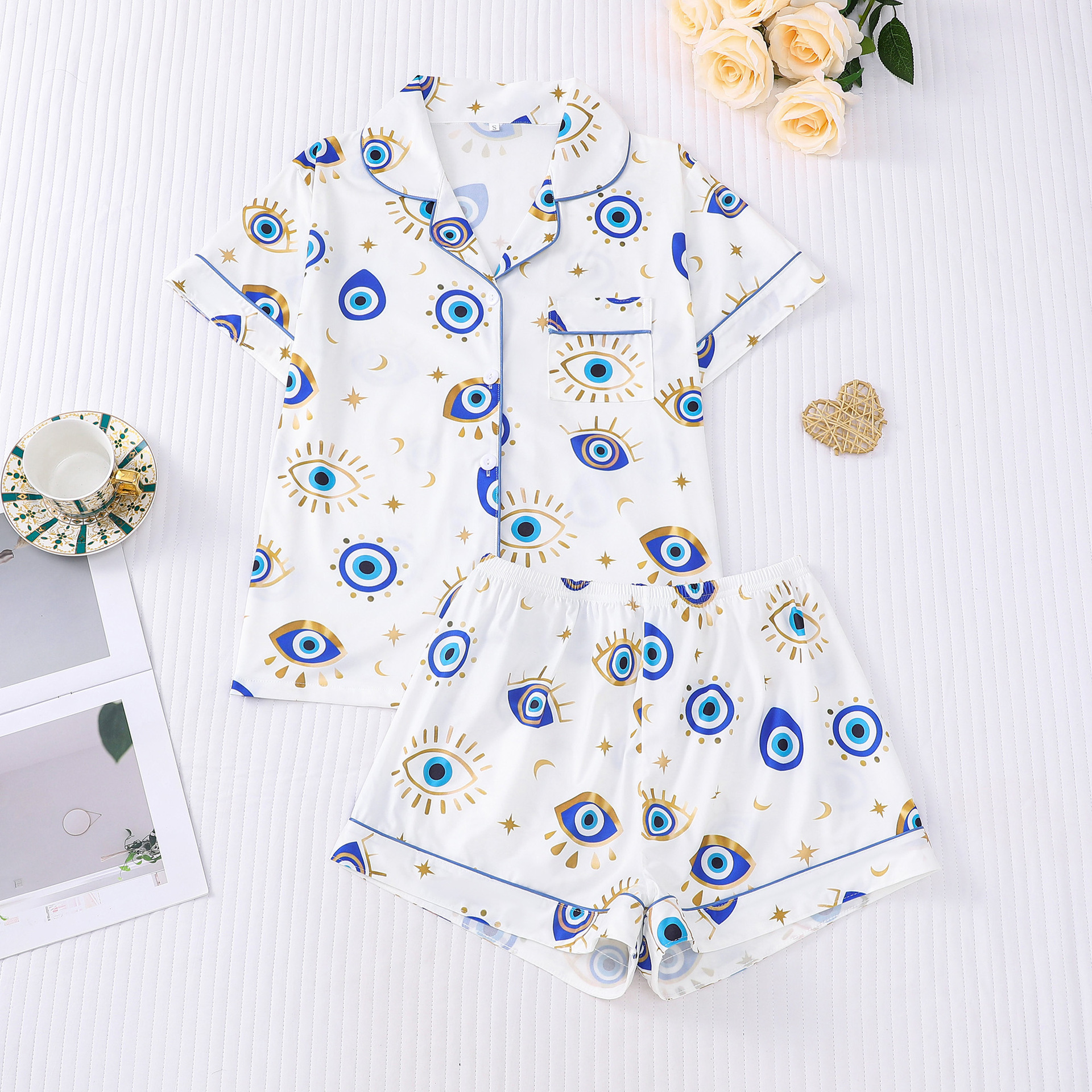 Women's Printed Short Sleeve Shorts Pajama Set with Collar Loose Comfortable