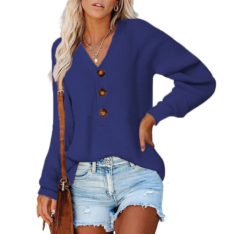 Button-Front V-Neck Knit Sweater for Women, Cotton Blend, Loose Fit, Long Sleeve