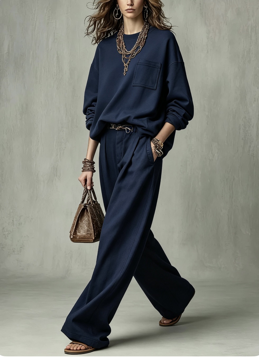 Relaxed Crewneck Sweatshirt & High-Waist Pleated Wide-Leg Pants Set (Belt Not Included)