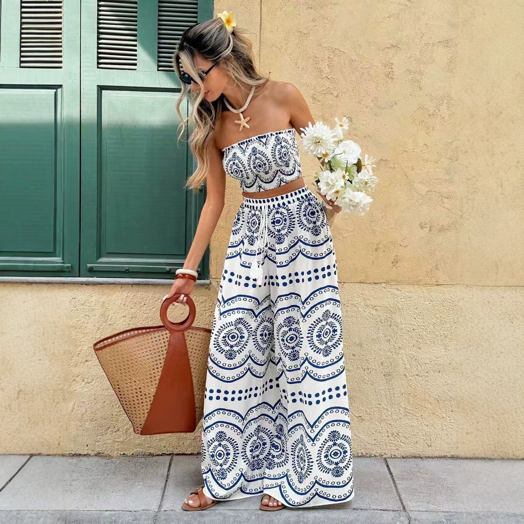 Bohemian Plant Print Strapless Crop Top & Wide-Leg Pants Two-Piece Set