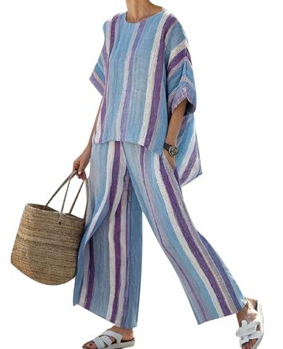 Women's Striped Print Crewneck 3/4 Sleeve Top & Pants Casual Set