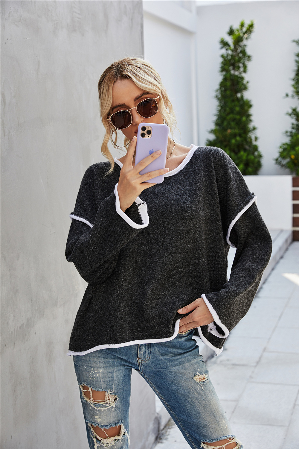 Women's Plus Size Crewneck Knit Sweater with Back Fringe