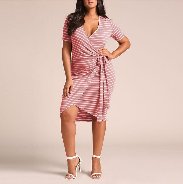 Plus Size Striped Asymmetric V-Neck Wrap Mini Dress