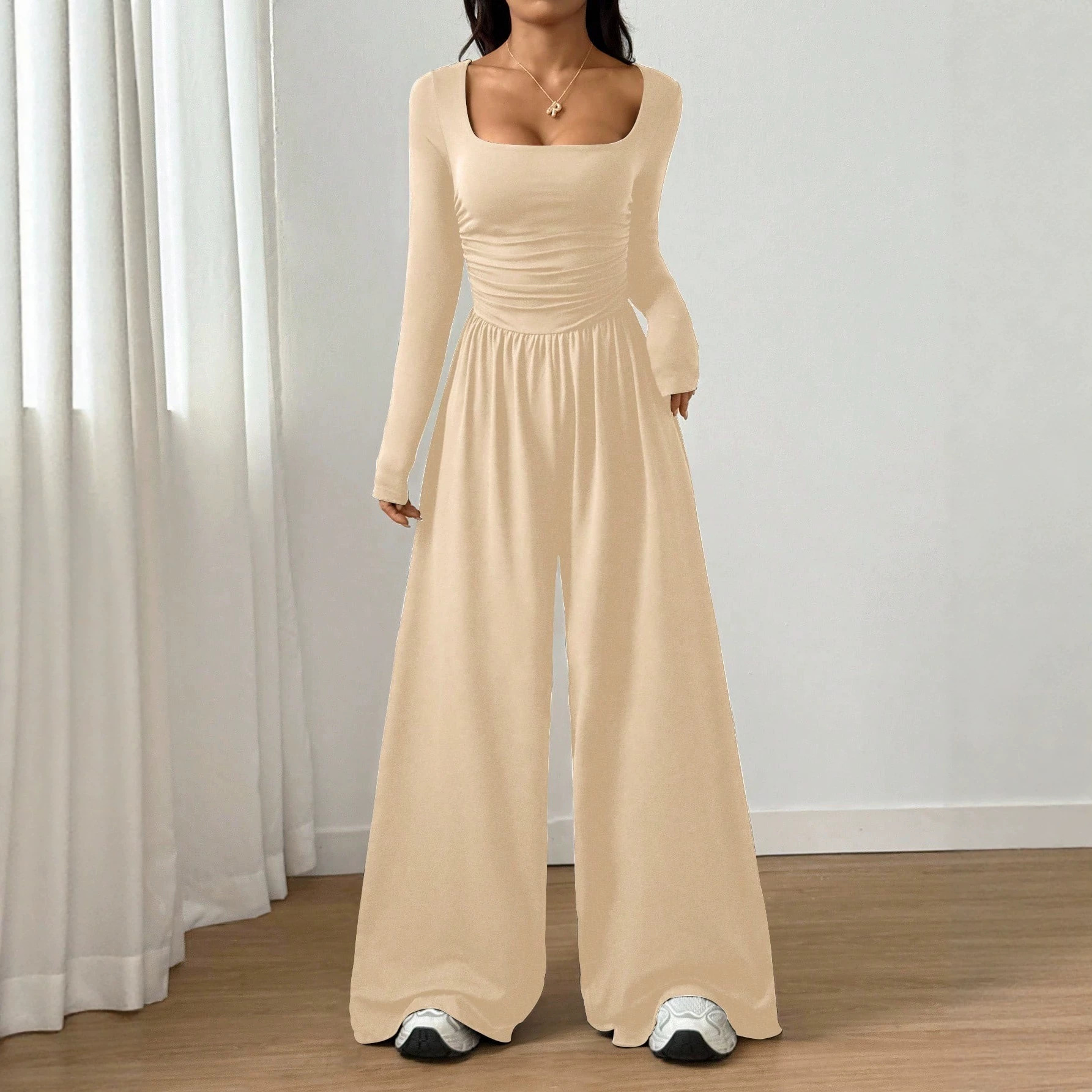 Women's Long Sleeve Square Neck Wide Leg Jumpsuit Solid Color Slimming