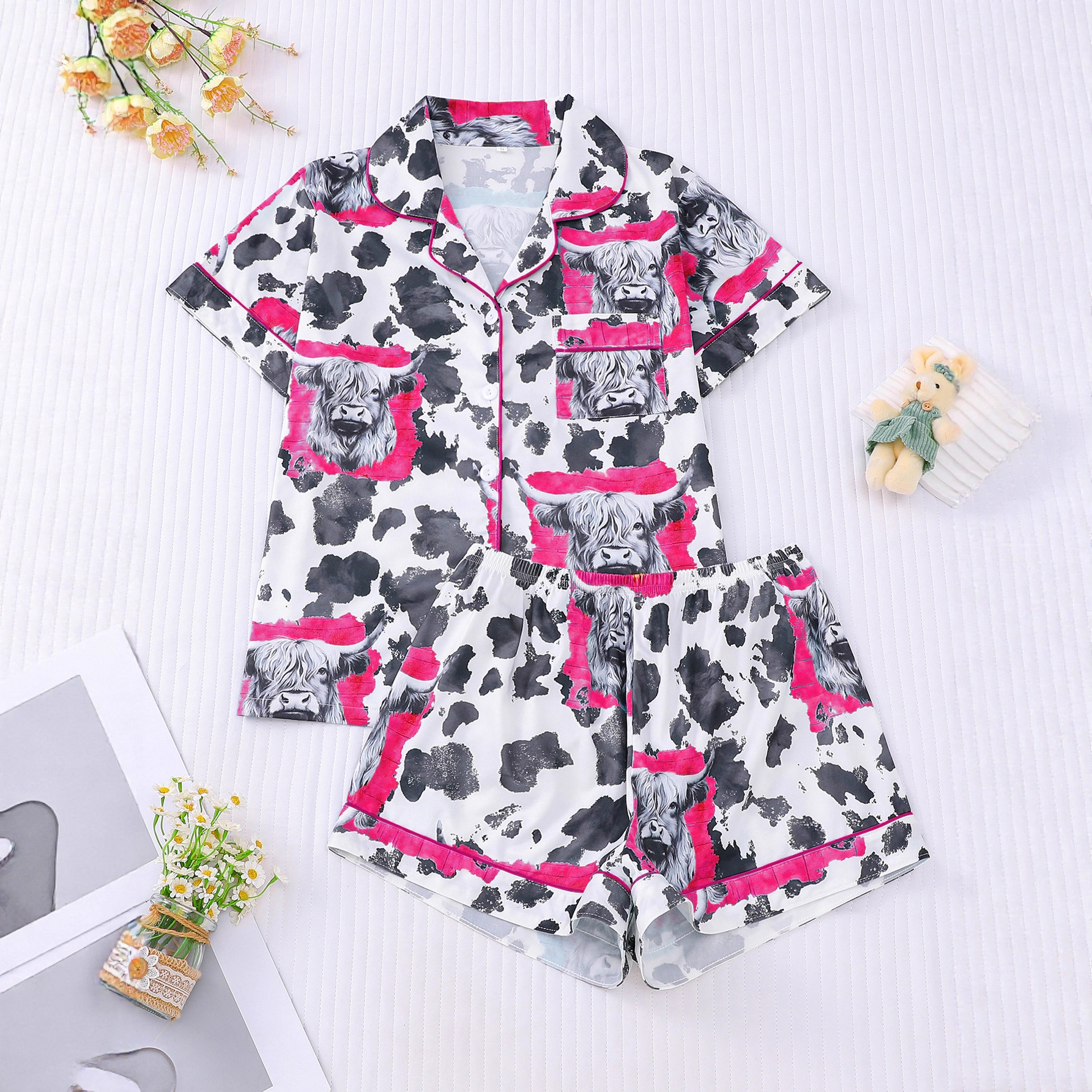 Women's Cuban Collar Polka Dot Short Sleeve Shirt Set Casual Summer