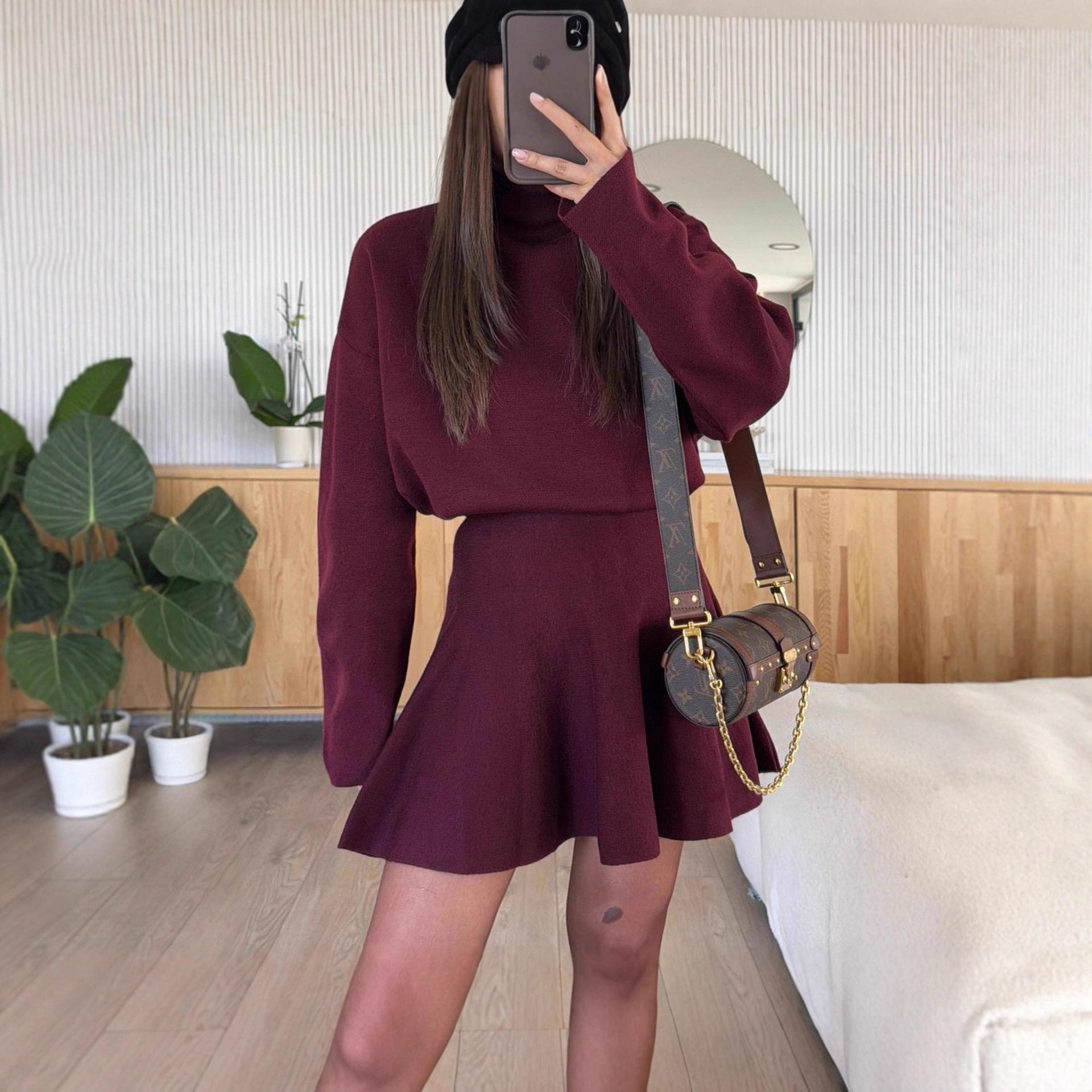 Women's Casual Two-Piece Sweater Skirt Set Stand Collar Long Sleeve