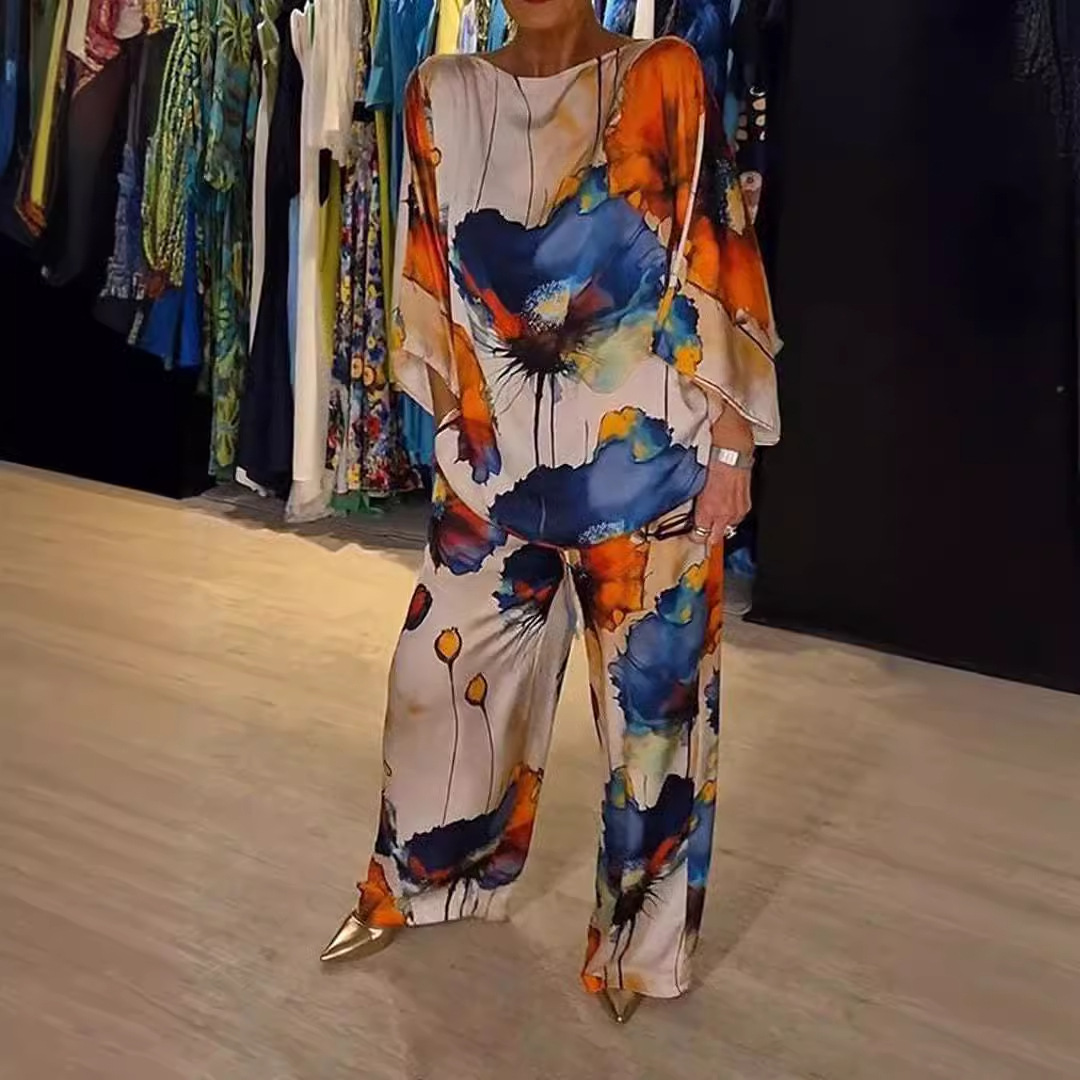 Elegant Satin Off-Shoulder Batwing Sleeve Printed Drawstring Pants Set
