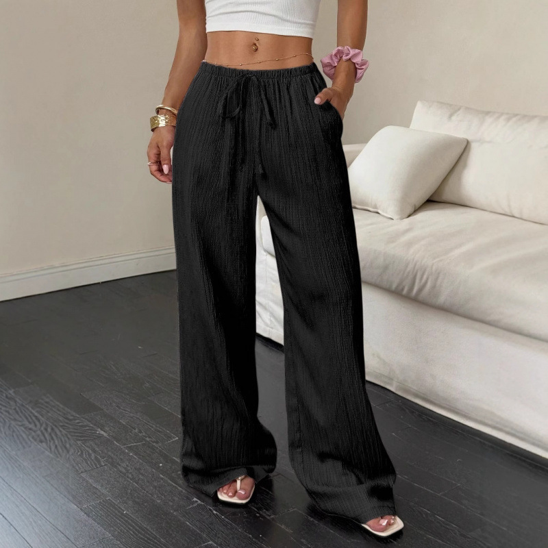 Women's Casual Textured Wide-Leg Pants with Tie Waist and Diagonal Pockets