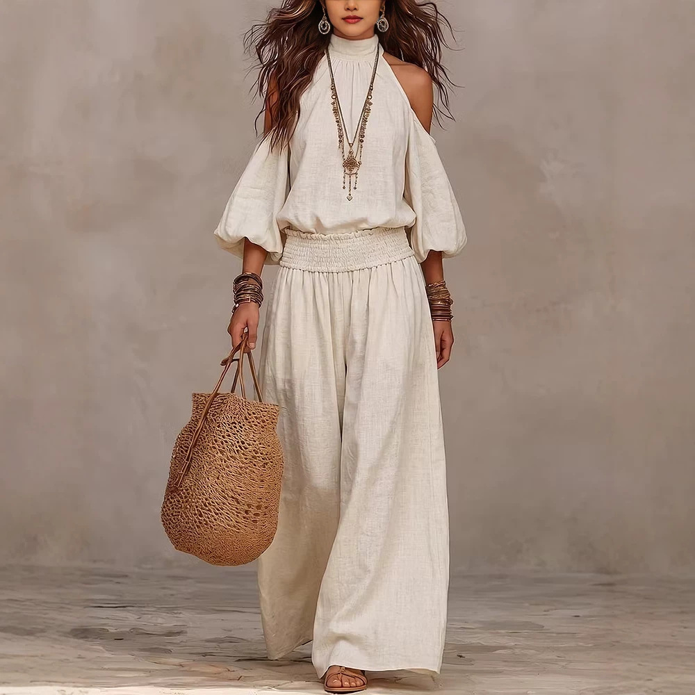 Women's Casual Loose Long Sleeve Cutout Top and Smocked Pants Two-Piece Set