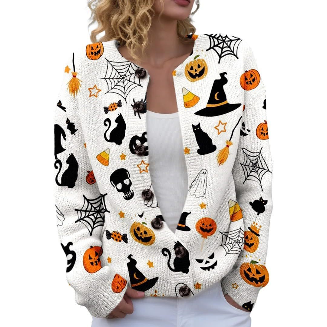 Women's Halloween Ghost Pumpkin Print Button Cardigan Sweater