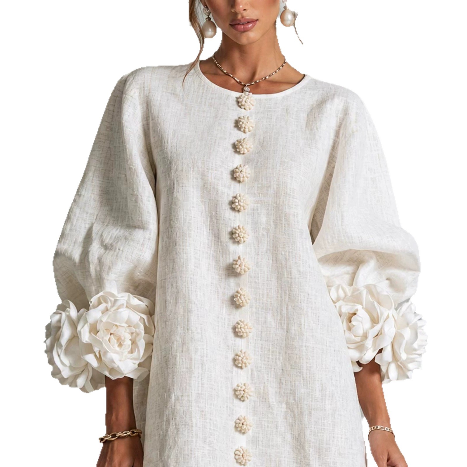 French 3D Floral Lantern Sleeve Cotton Linen Dress Round Neck Button Front Loose Short