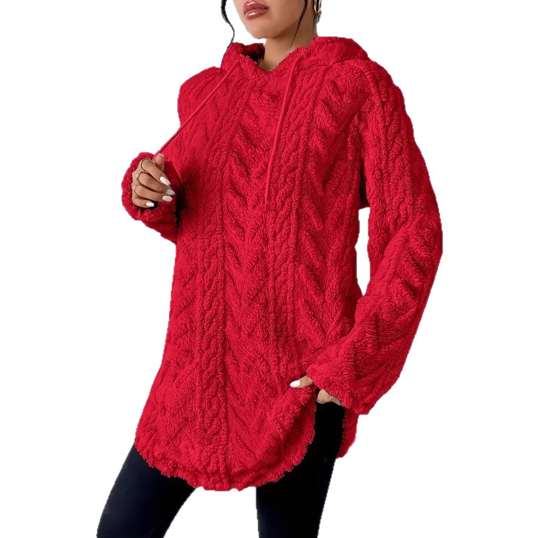 Solid Hooded Long-Sleeve Drawstring Fleece Sweater