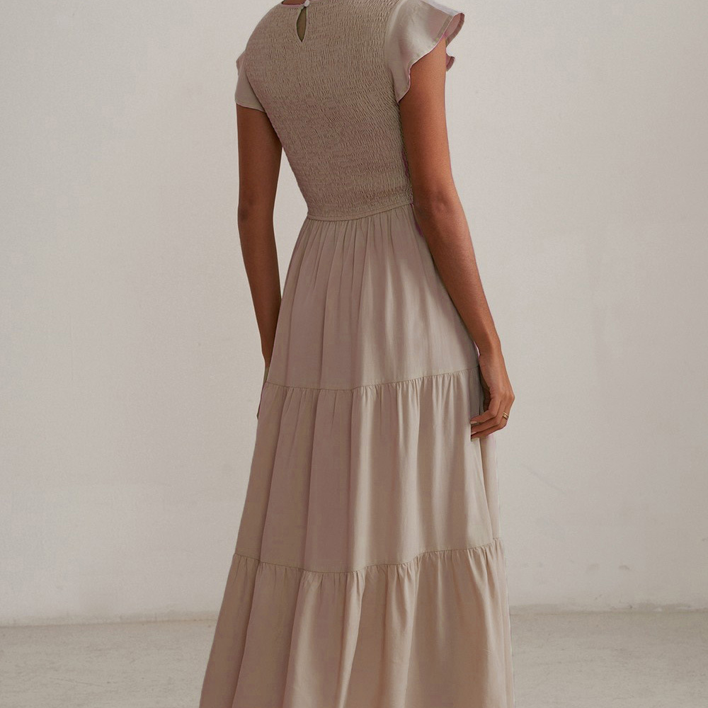 Women's Casual Literary Ruffle Midi Dress with Round Neck and Puff Sleeves