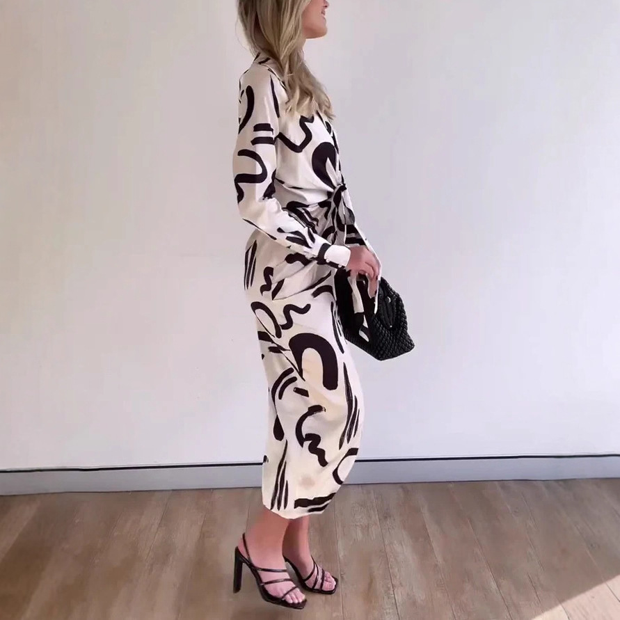 Elegant Pleated Floral Print Long Sleeve Shirt Dress