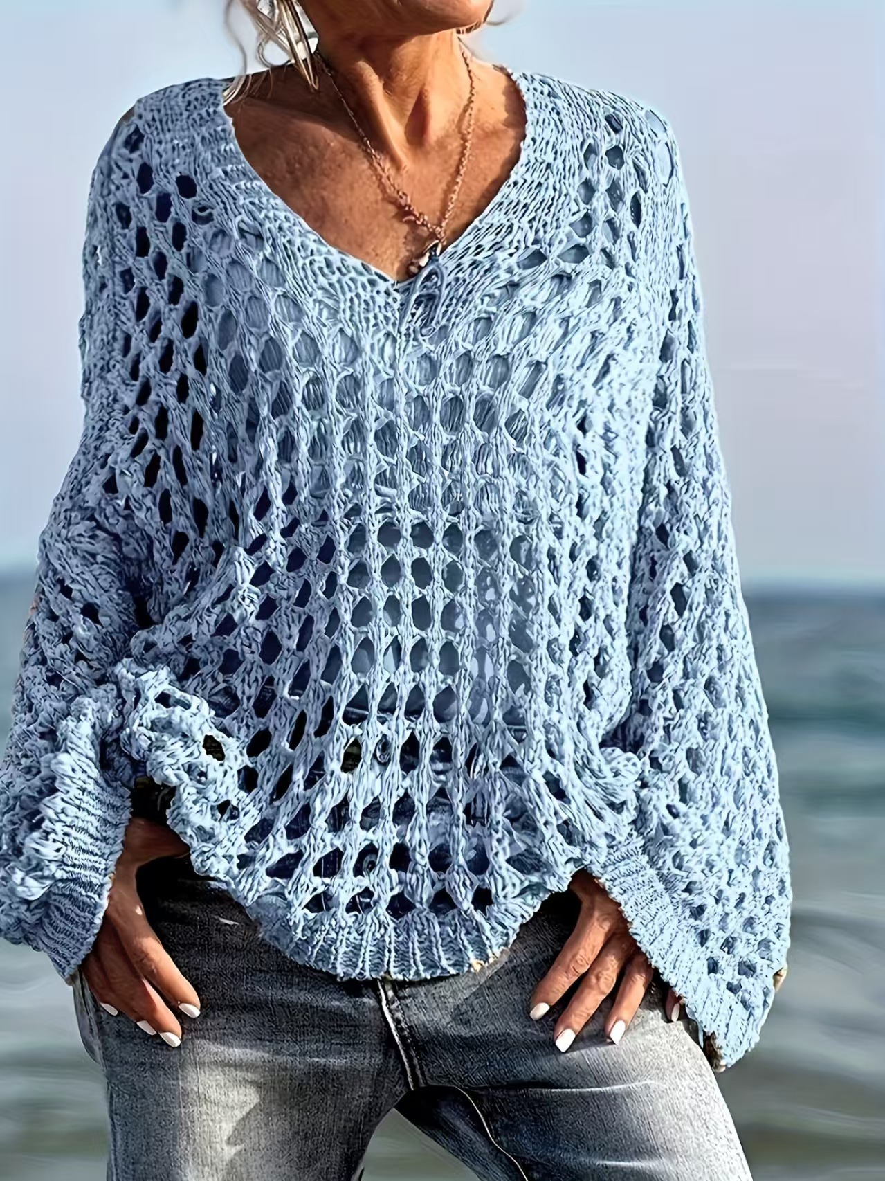 Women's Loose Open-Knit V-Neck Long-Sleeve Top