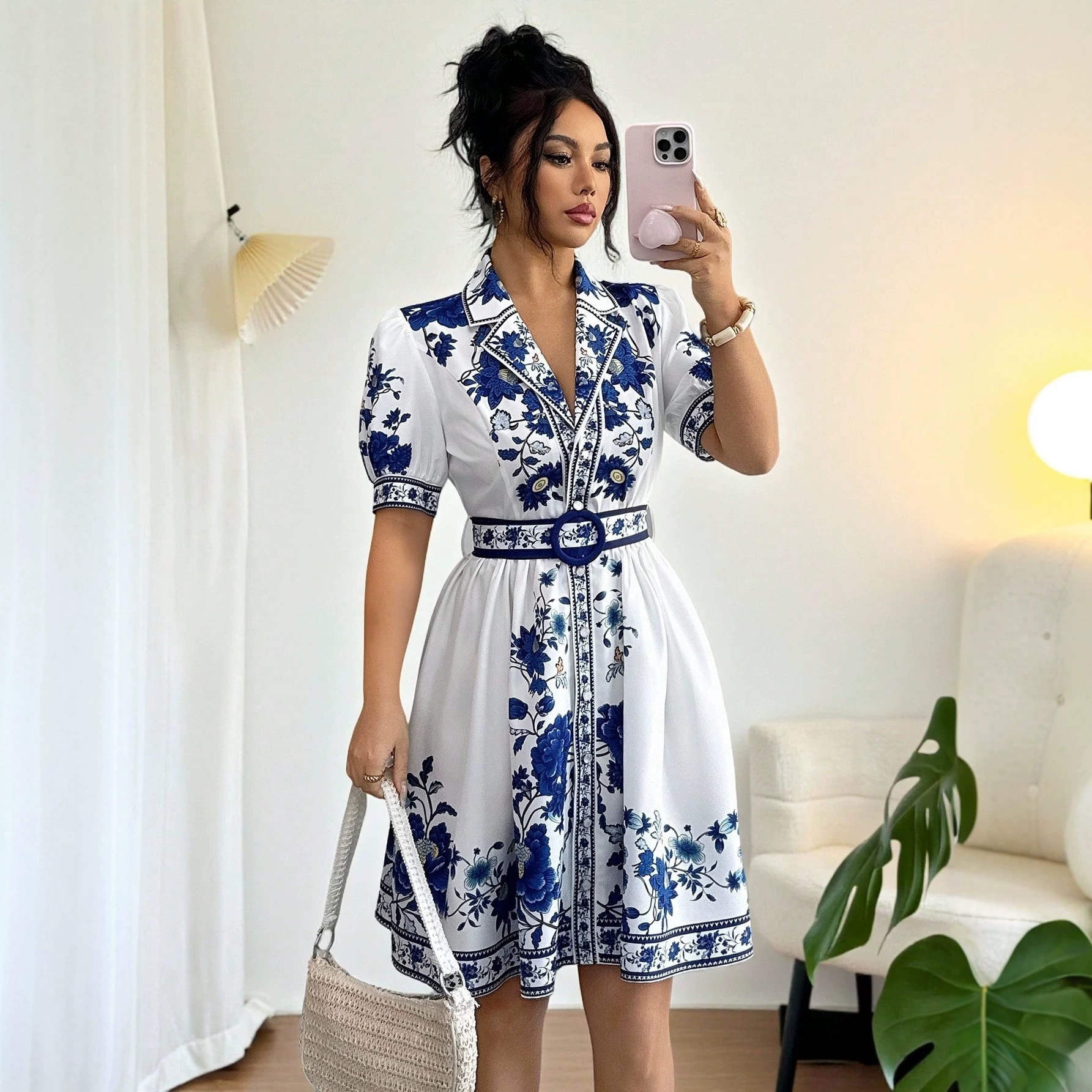 Floral Bubble Sleeve A-Line Mini Dress with Belt